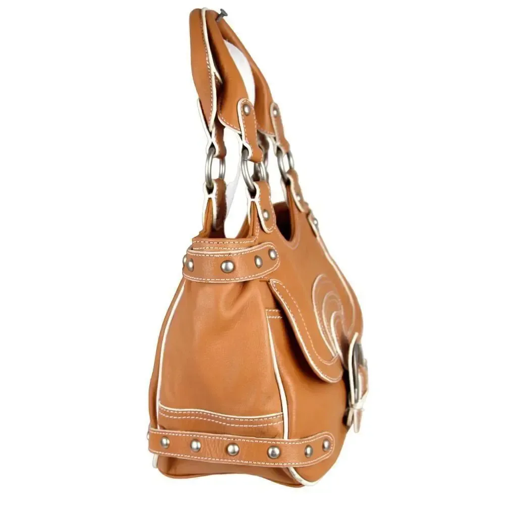 HYPE TAN BROWN GENUINE LEATHER STUDDED HOBO TOTE SHOULDER BAG HANDBAG PURSE